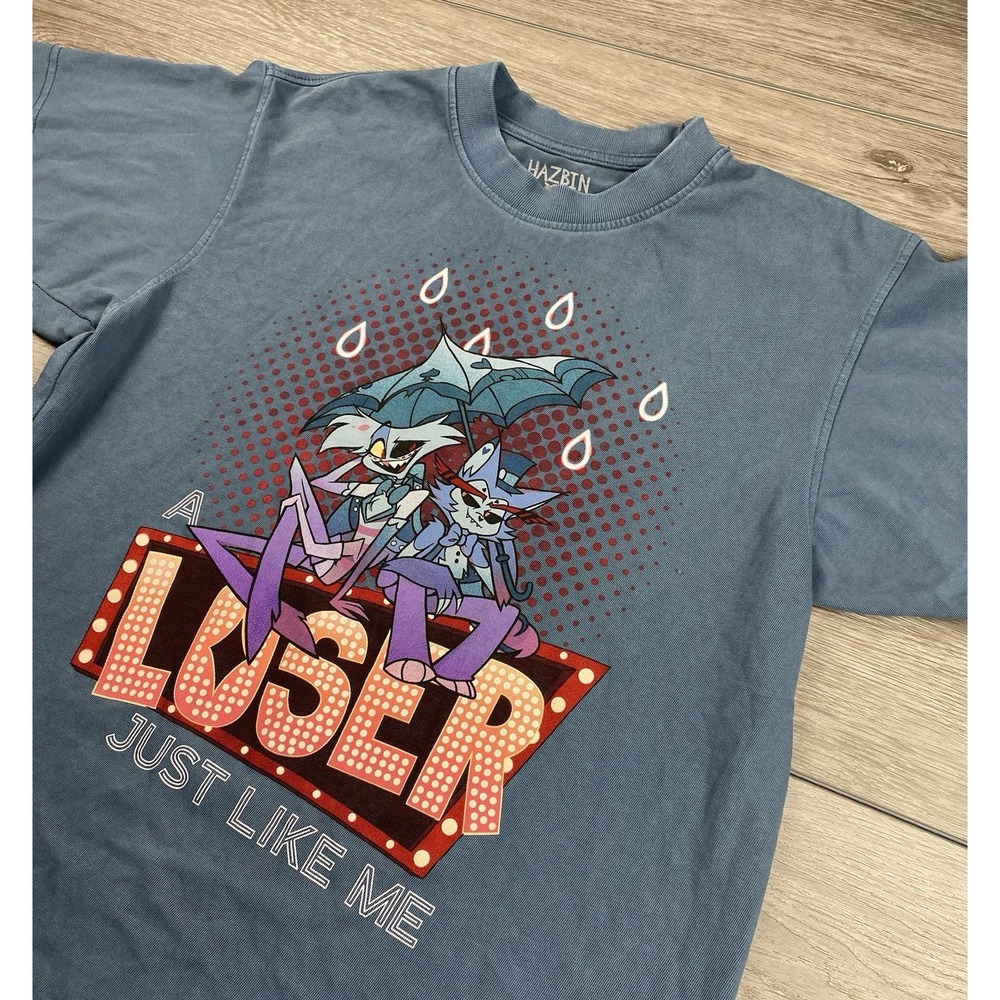 Hazbin Hotel Men's Husk & Angel Dust "Loser Just Like Me" Merch Shirt Blue Sz M